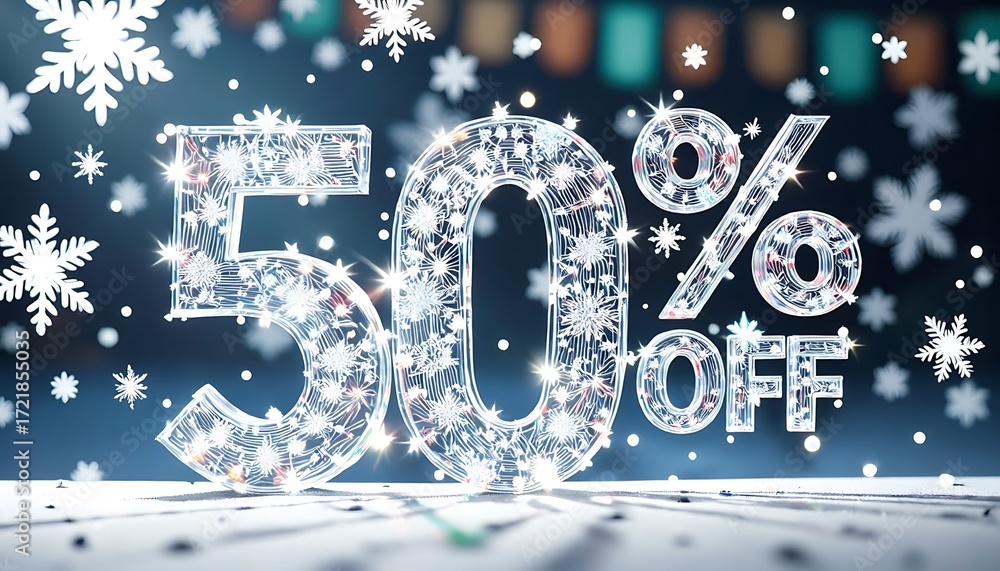 Fototapeta premium 50% DISCOUNT banner, sparkling inscription with snowflakes, winter sale