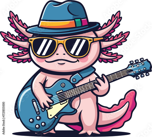 Cool Axolotl Playing Electric Guitar – Cartoon Musician Character with Hat and Sunglasses