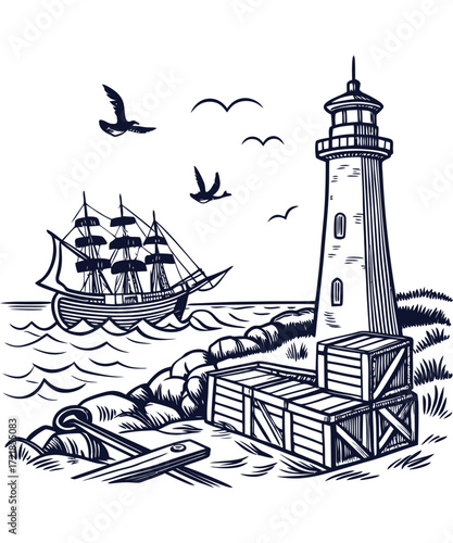 Lighthouse Guide: Coastal Navigation Tips A Hands Drawing Illustration