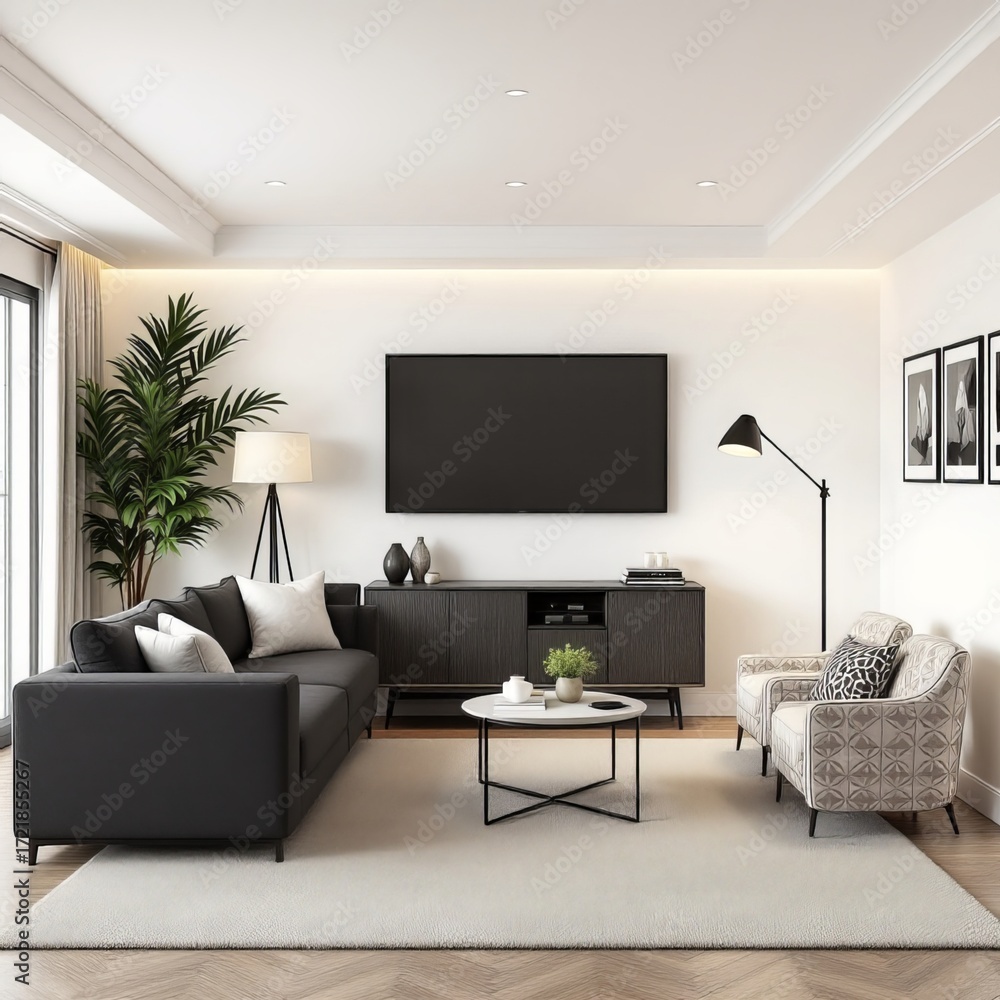 Fototapeta premium Minimalist Living Room: A modern living space designed for relaxation and enjoyment. Featuring a dark gray couch, a sleek TV, and contemporary decor.