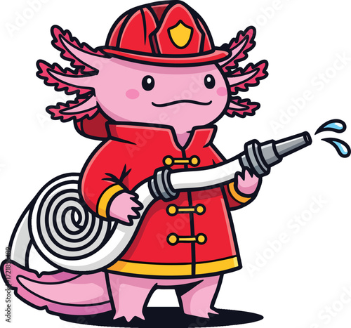 Cute Axolotl Firefighter Holding Hose – Cartoon Rescue Character Illustration