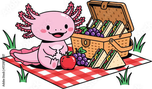 Cute Axolotl Having Picnic with Basket and Food – Cartoon Outdoor Lunch Character Illustration