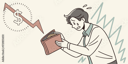Worried man checks empty wallet while dollar plummets, symbolizing financial crisis, economic downturn, and potential bankruptcy concerns for business owners
