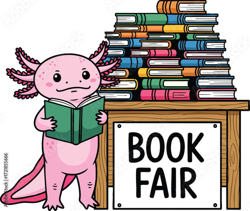 Cute Axolotl Reading Book at Book Fair with Stack of Books – Cartoon Illustration
