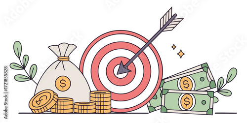Reach financial goals with smart money management, a target for success, and bags of money for wealth creation and business growth in a modern way