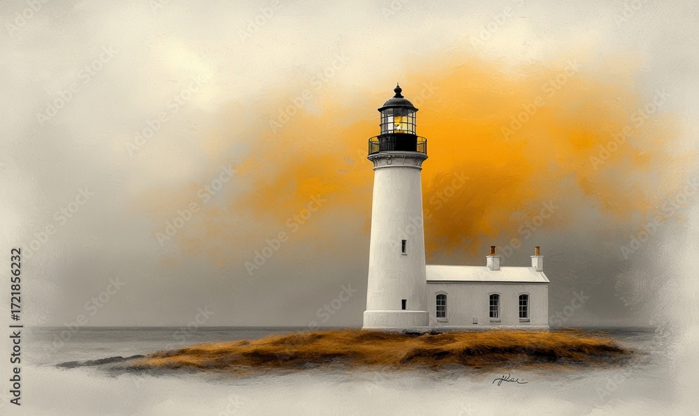 Naklejka premium White Lighthouse at Dusk on Island Coast