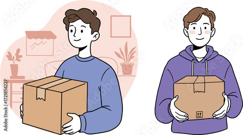 Young man smiling while holding a package indoors in flat style art  