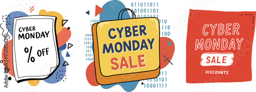 Cyber Monday sale promotions with colorful designs and bold text  