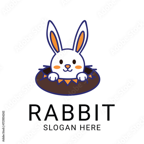 Cute cartoon rabbit peeking from a hole, adorable animal mascot logo design.