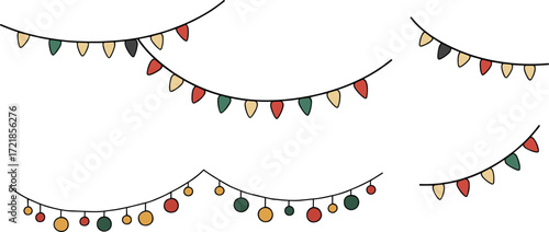 Colorful festive string lights with red, green, and yellow decorations  