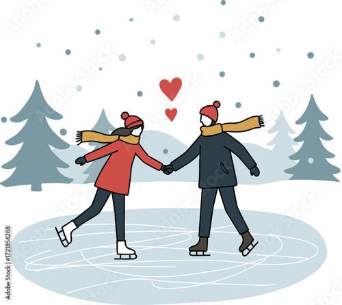 Happy couple ice skating together on a frozen pond in winter wonderland, concept of flat style with outline, transparent background, showcasing love and joy during a snowy day.