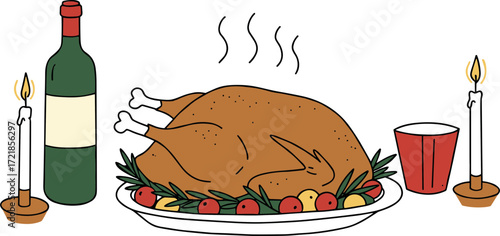 Roast turkey served on a platter with wine, candles, and festive decorations