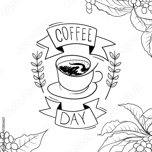 Coffee doodle art design with hot coffee in a cup and coffee leaves and green beans