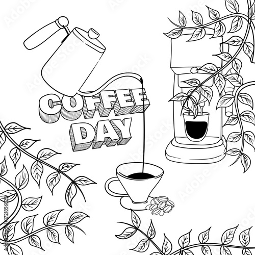 brewing coffee into a cup with coffee beans design. background with leaves design in doodle.