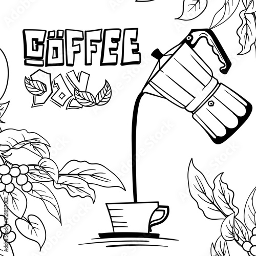 brew coffee design. coffee brewing design from a mokapot in doodle art style