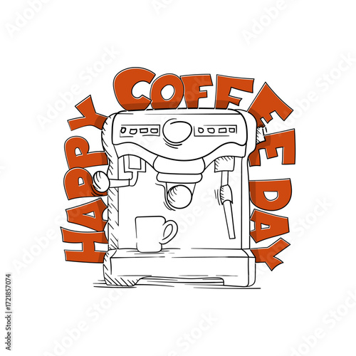 Doodle art of espresso machine design for world coffee day or coffee template