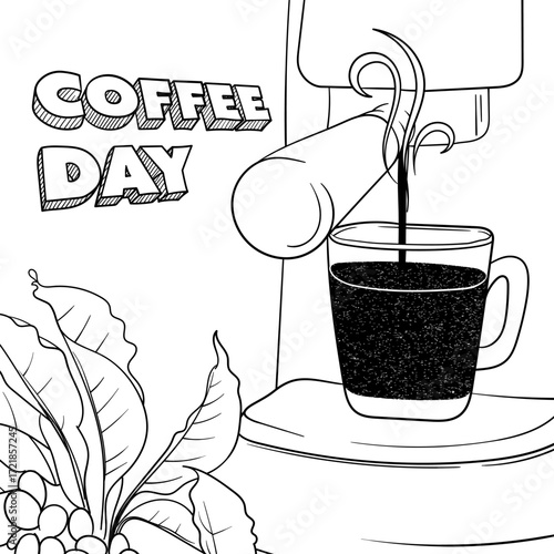 Doodle coffee design with line art of coffee. happy coffee day template