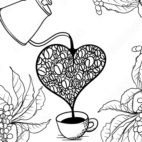 Brew coffee design. brewing coffee through the coffee that forms a heart until it reaches the glass