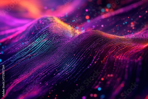Abstract glowing digital particles forming undulating waves of purple pink and gold background