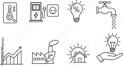 Collection of Icons Representing Energy Efficiency and Sustainability Concepts