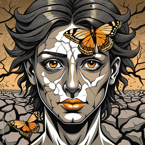 Woman face cracked earth butterflies drought climate change fragility woman