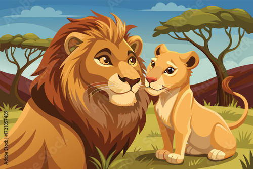 Majestic lion and playful cub share a tender moment in the African savanna during a sunny afternoon