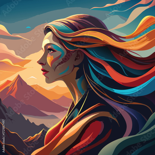 Woman profile colorful hair sunset mountains artistic painting digital art