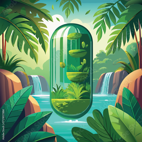 Capsule Ecosystem Tropical Paradise Lush Green Nature Waterfall capsule ecosystem