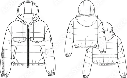 Puffer jacket technical drawing, hoodie jacket vector, front and back view, fashion flat sketch, CAD template, outerwear design, winter jacket illustration