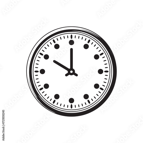Vector art of black and white illustration of a clock face silhouette