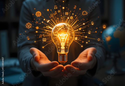 The Concept of Innovative Ideas, Inspiration, Creative Business, and Technology, with a Person Holding a Globe in the Shape of a Light Bulb in Both Hands