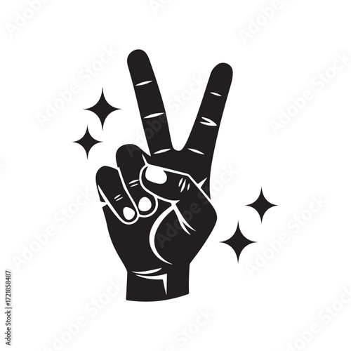 Vector art of black silhouette of a hand making a peace sign or victory gesture with sparkles