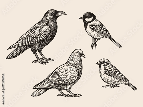 City birds crow pigeon sparrow tit engraving vector illustration