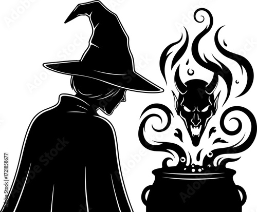 Witch brewing potion with devil
