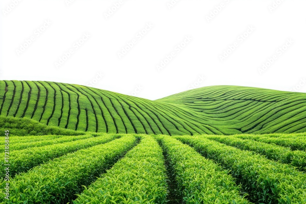 Naklejka premium Lush green tea plantation rolling hills isolated on white background landscape