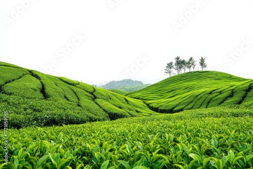 Lush green tea plantation rolling hills with trees on horizon image