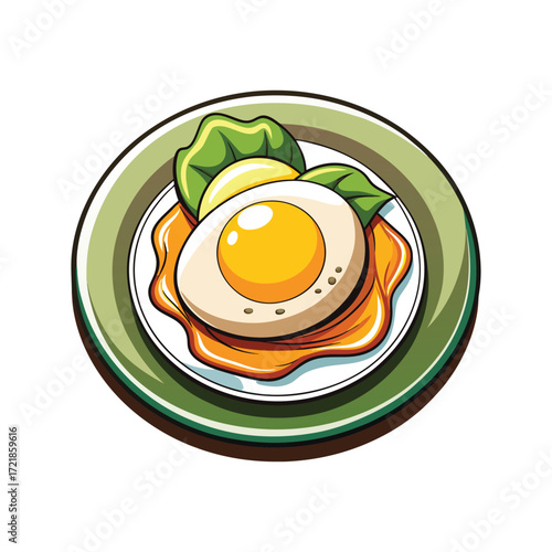 Delicious fried egg meal served hot on a green plate ready for breakfast