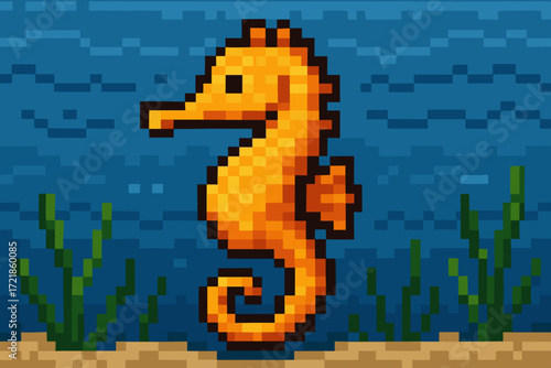 Pixel art illustration of an orange seahorse in an underwater setting, representing marine life and ocean beauty