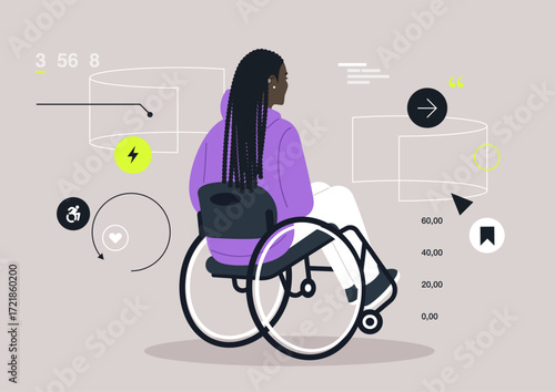 A creative scene captures a wheelchair user surrounded by futuristic screens displaying data and icons, merging technology with daily life in an imaginative environment
