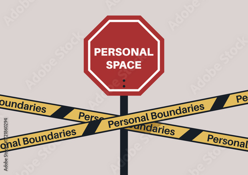 A stop sign labeled Personal Space stands at the center, surrounded by yellow tape reading Personal Boundaries, This art piece highlights the significance of respecting one's needs