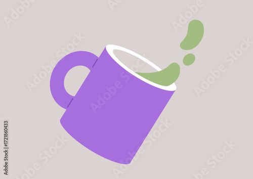 Colorful matcha tea spills from a purple mug, creating an inviting scene that captures the essence of warmth and relaxation, perfect for a creative afternoon.