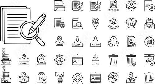 set of 40 flat gdpr web icons in line style such as portfolio, rectification, right to access, address, account, id card, delete icons for report, presentation, diagram, web design