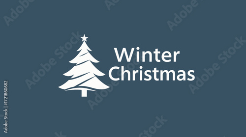 Simple white Christmas tree graphic logo on a dark blue background, featuring the words "Winter Christmas".