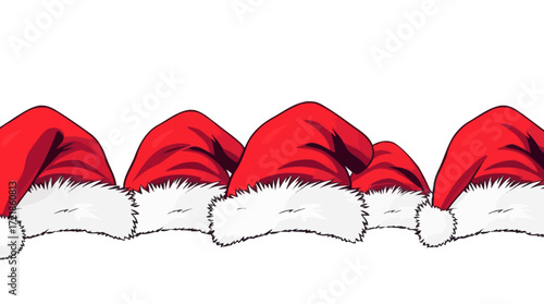 A row of festive Santa hats, red with white fur trim, arranged in a continuous pattern.