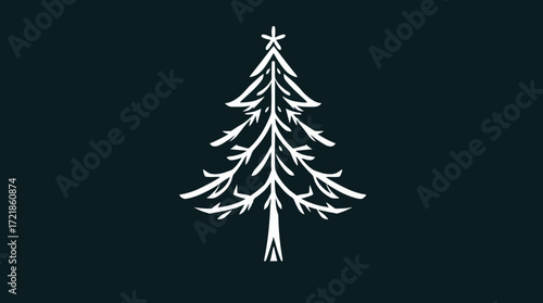 Simple white hand-drawn illustration of a stylized evergreen tree on a dark background.