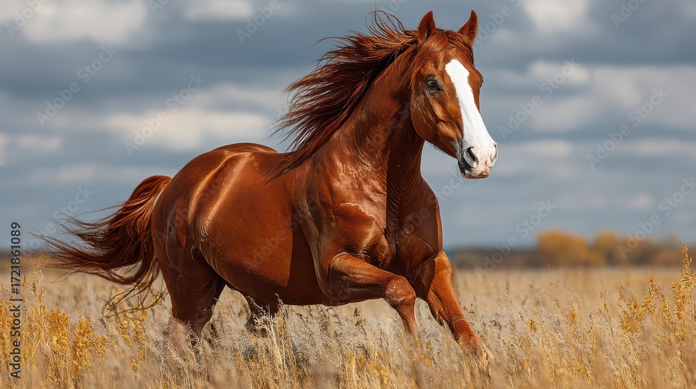 Obraz premium Majestic chestnut horse galloping through a golden field under a cloudy sky during late afternoon