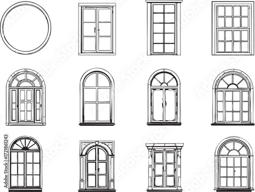 Assortment of sixteen window designs in black and white line art with different shapes and styles