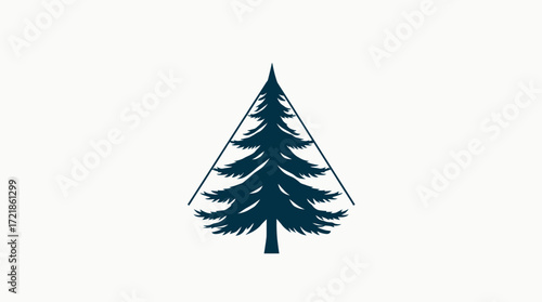 A stylized illustration of a dark blue evergreen tree set against a light background.
