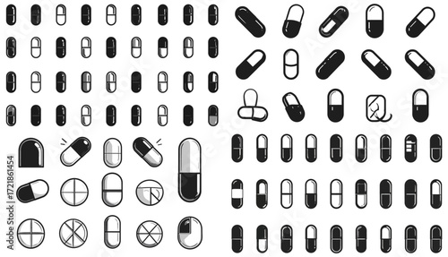 Collection of various medical pills and capsules in black and white, illustrating different shapes and sizes for healthcare and pharmaceutical concepts.