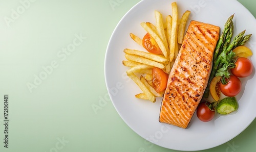 Grilled Salmon With Fries and Vegetables on Plate
